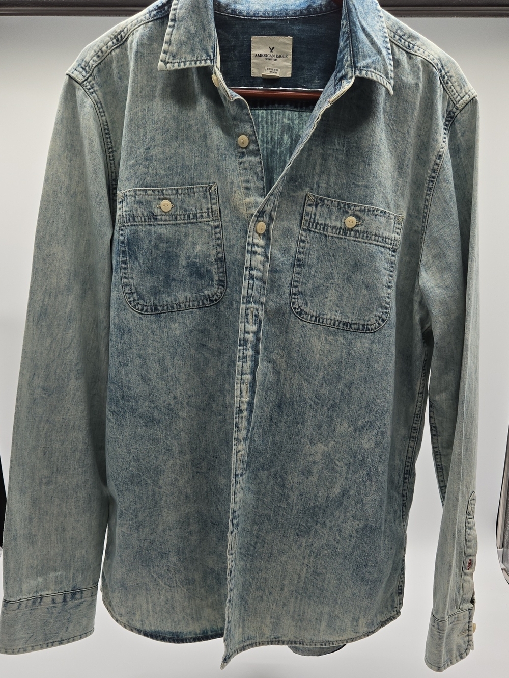 American Eagle Outfitters Distredded Light Blue Denim Button-Down Shirt